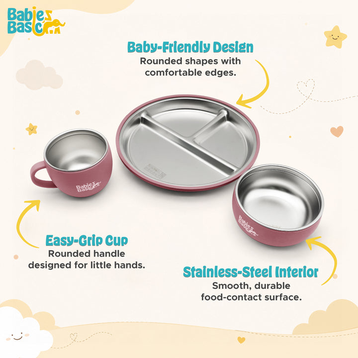 Babies Basic Stainless Steel Plate, Bowl, and Cup with Silicone Sleeve for Kids, Dusty Pink
