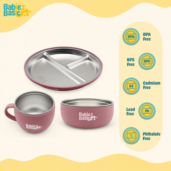 Babies Basic Stainless Steel Plate, Bowl, and Cup with Silicone Sleeve for Kids, Dusty Pink