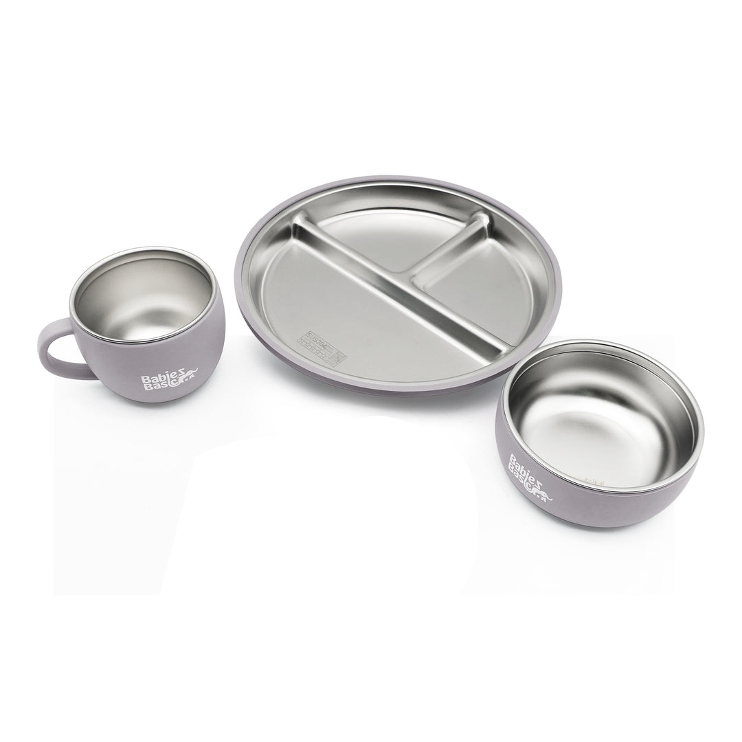 Babies Basic Stainless Steel Plate, Bowl, and Cup with Silicone Sleeve for Kids, Gray