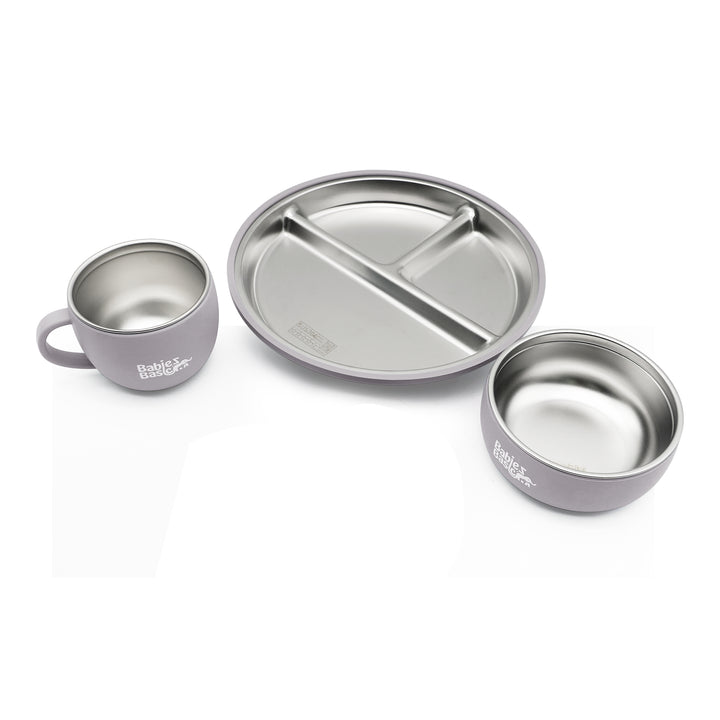 Babies Basic Stainless Steel Plate, Bowl, and Cup with Silicone Sleeve for Kids, Gray