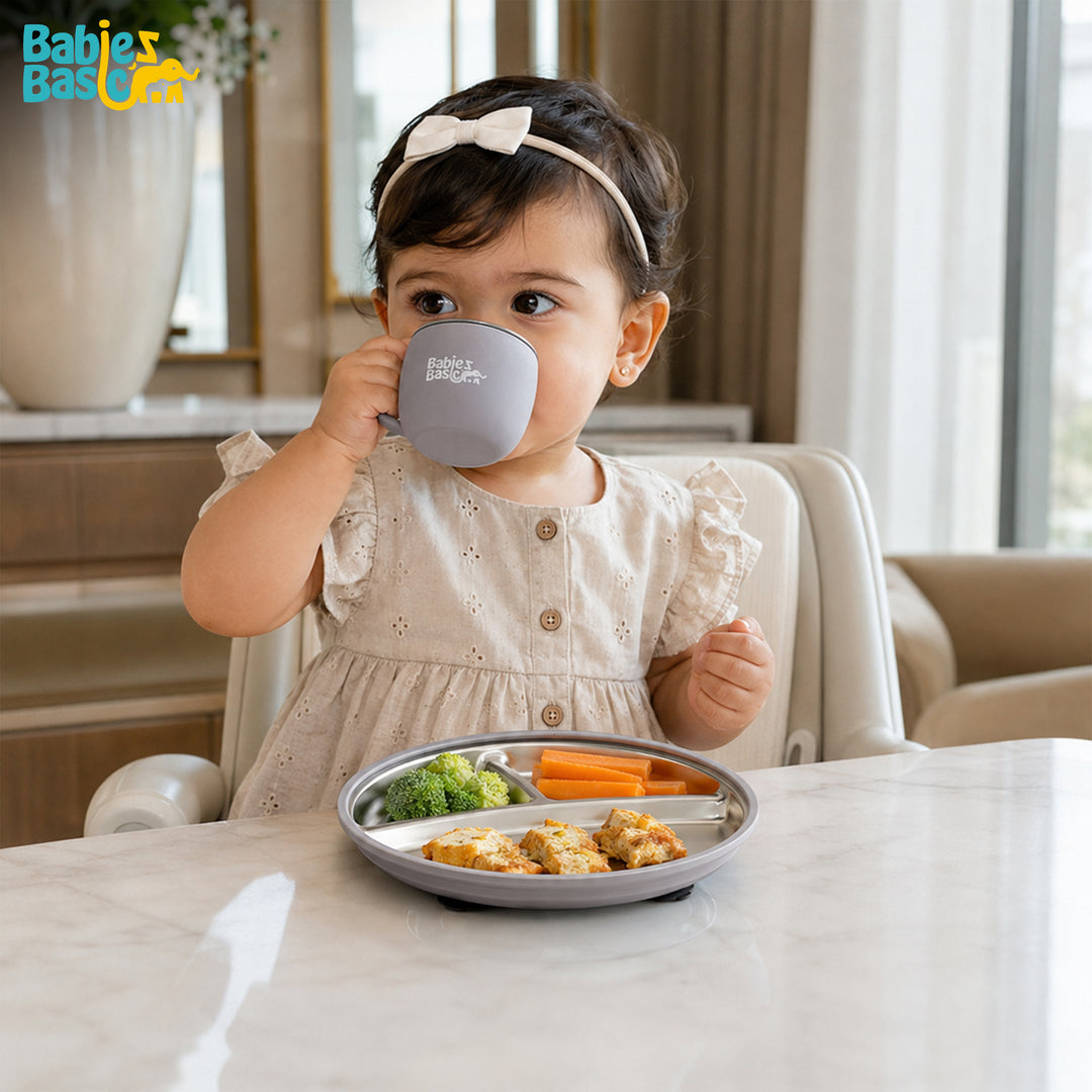 Babies Basic Stainless Steel Plate, Bowl, and Cup with Silicone Sleeve for Kids, Gray