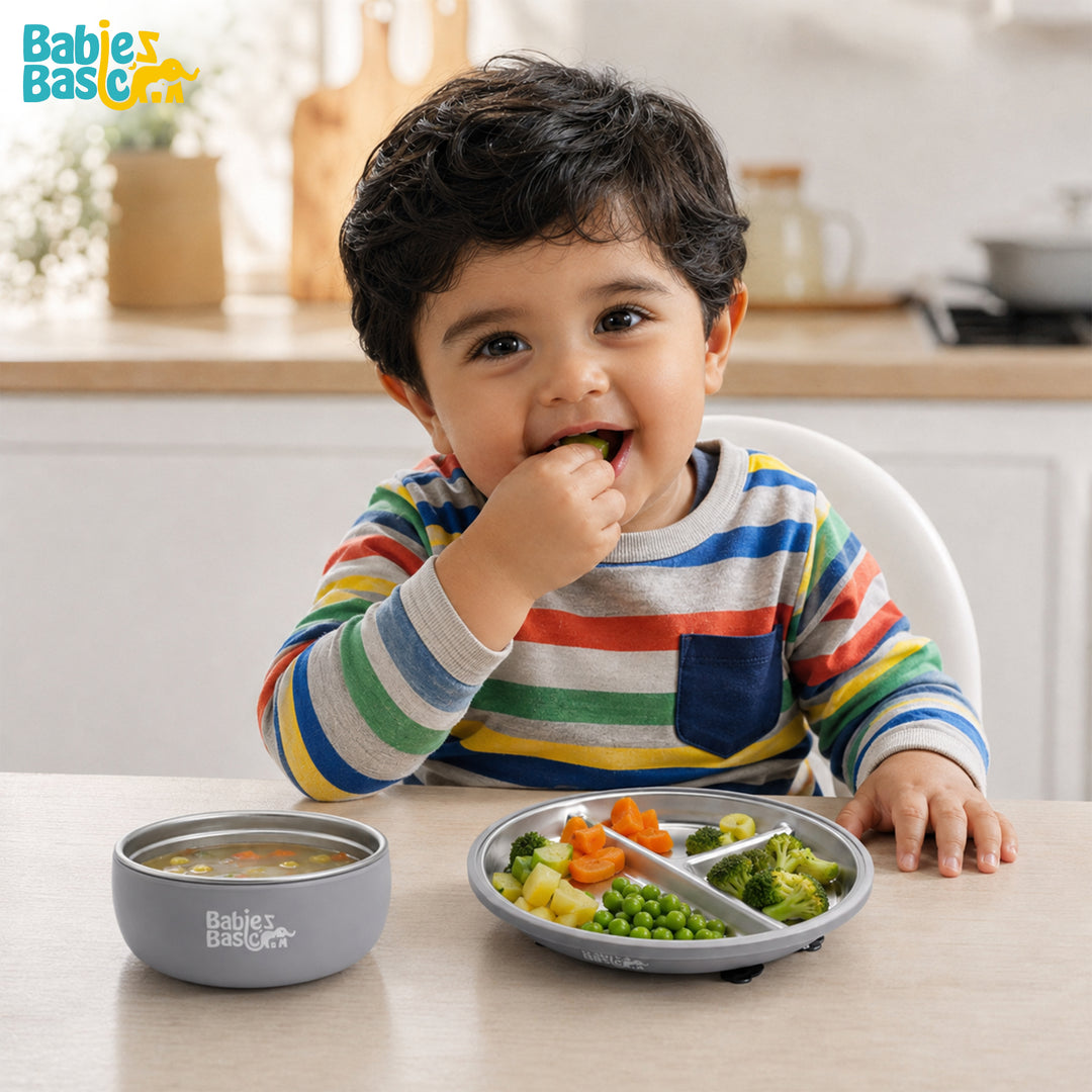 Babies Basic Stainless Steel Plate, Bowl, and Cup with Silicone Sleeve for Kids, Gray
