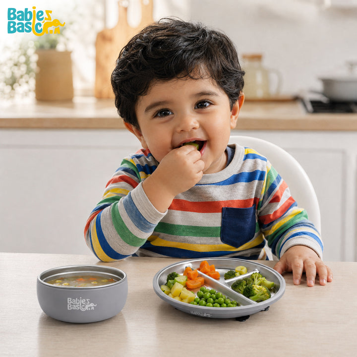Babies Basic Stainless Steel Plate, Bowl, and Cup with Silicone Sleeve for Kids, Gray