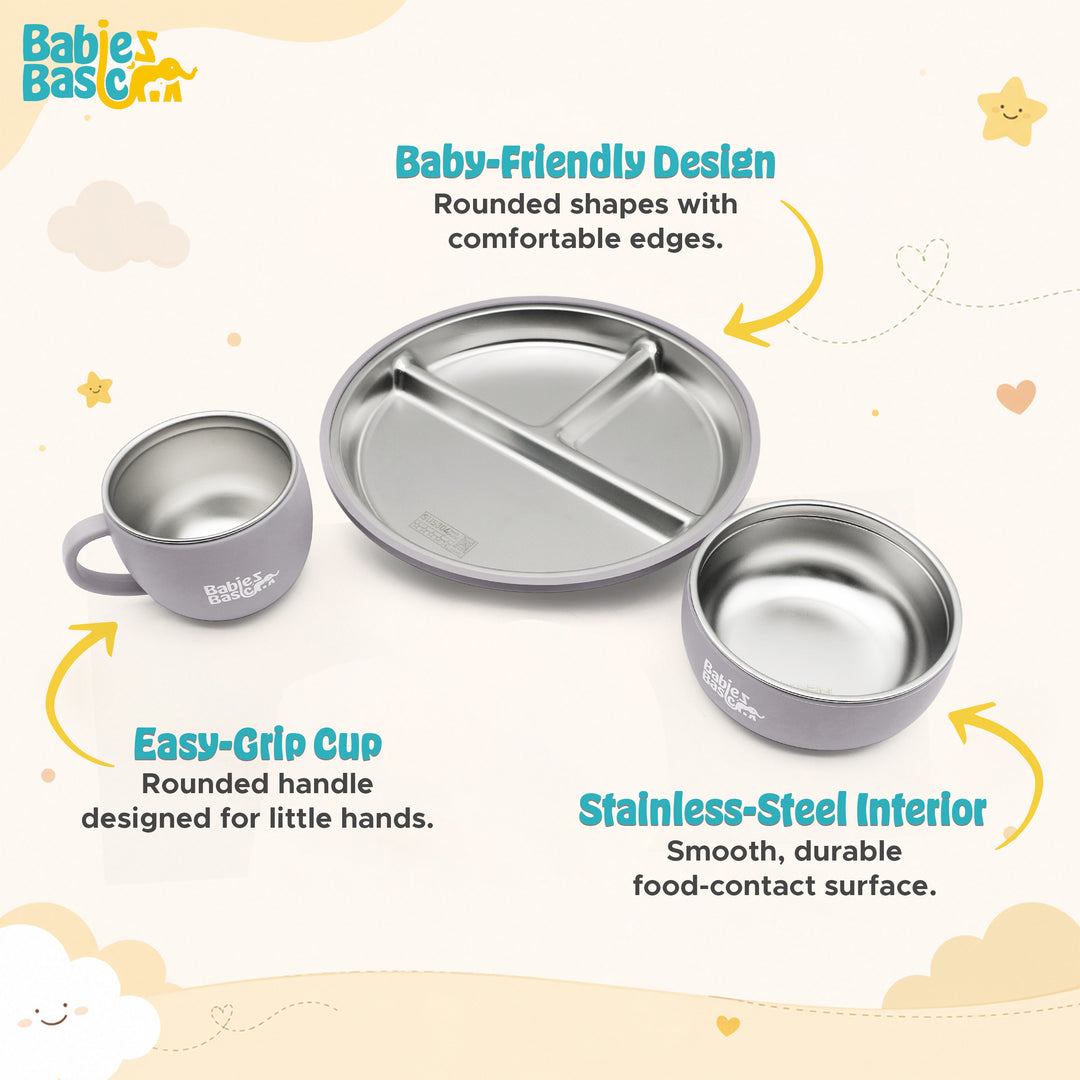 Babies Basic Stainless Steel Plate, Bowl, and Cup with Silicone Sleeve for Kids, Gray