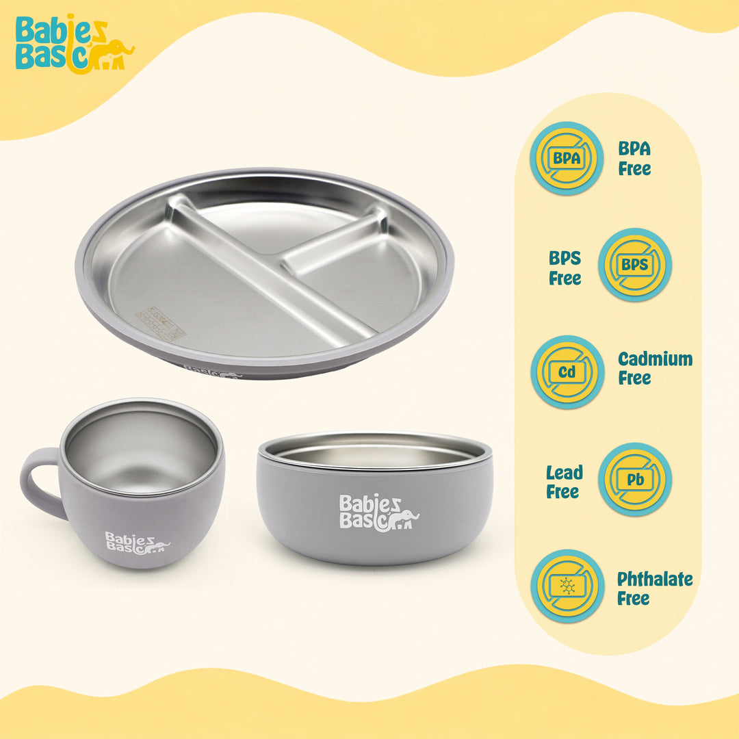 Babies Basic Stainless Steel Plate, Bowl, and Cup with Silicone Sleeve for Kids, Gray