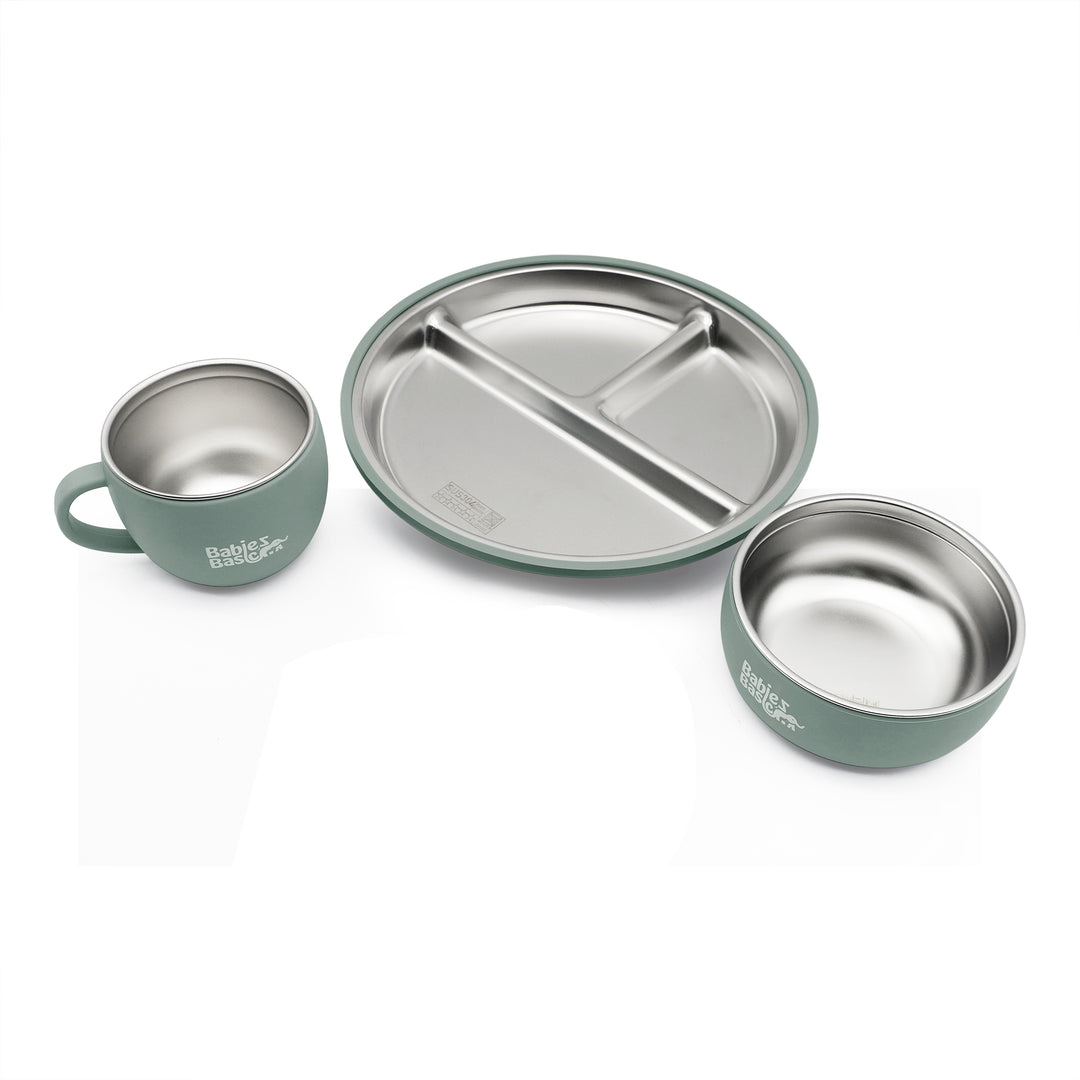 Babies Basic Stainless Steel Plate, Bowl, and Cup with Silicone Sleeve for Kids, Green