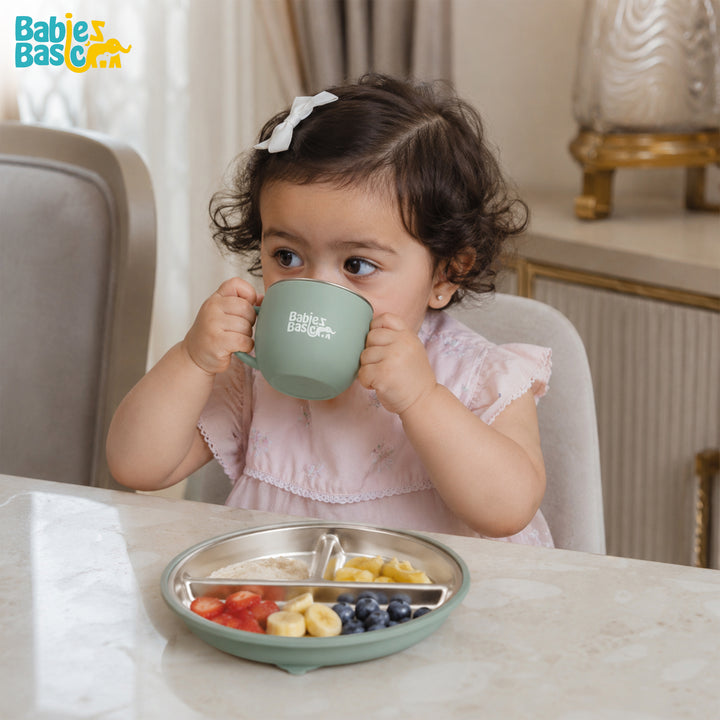 Babies Basic Stainless Steel Plate, Bowl, and Cup with Silicone Sleeve for Kids, Green