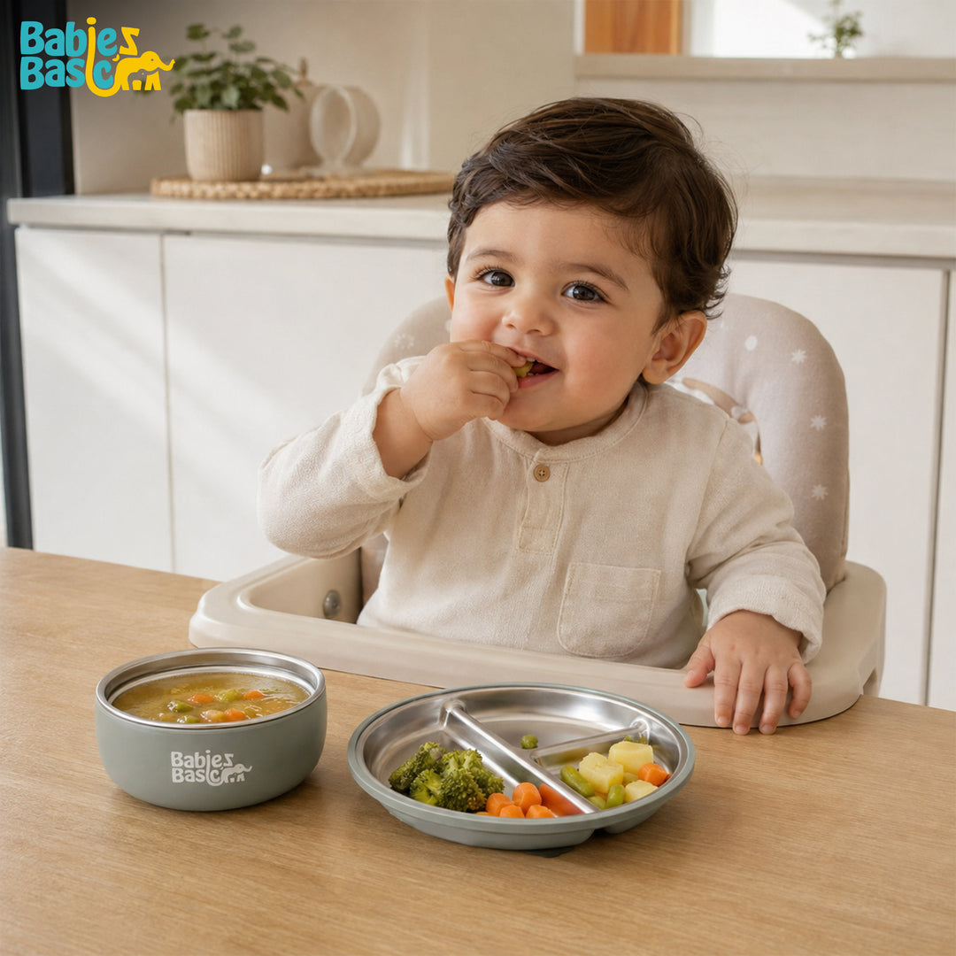 Babies Basic Stainless Steel Plate, Bowl, and Cup with Silicone Sleeve for Kids, Green