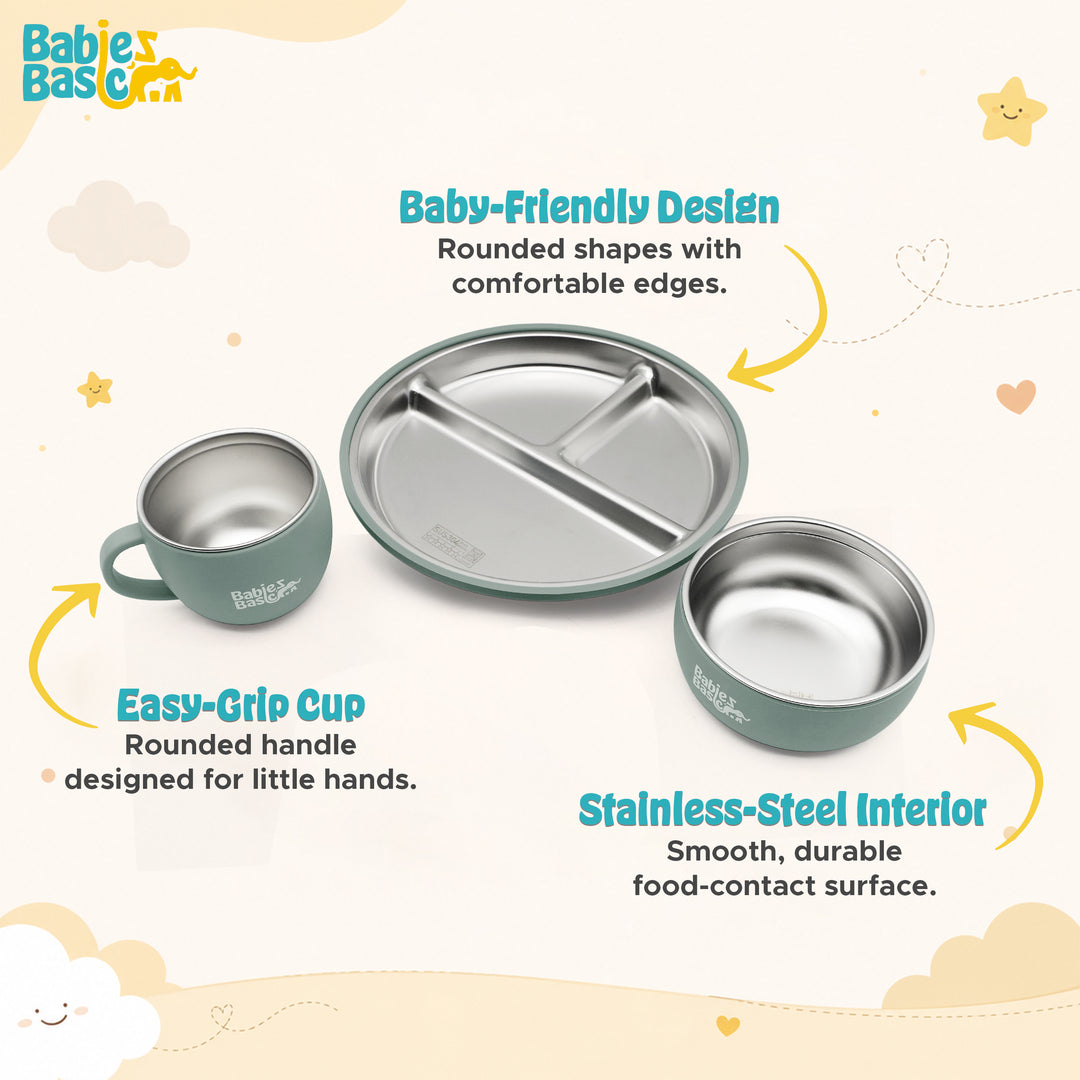 Babies Basic Stainless Steel Plate, Bowl, and Cup with Silicone Sleeve for Kids, Green