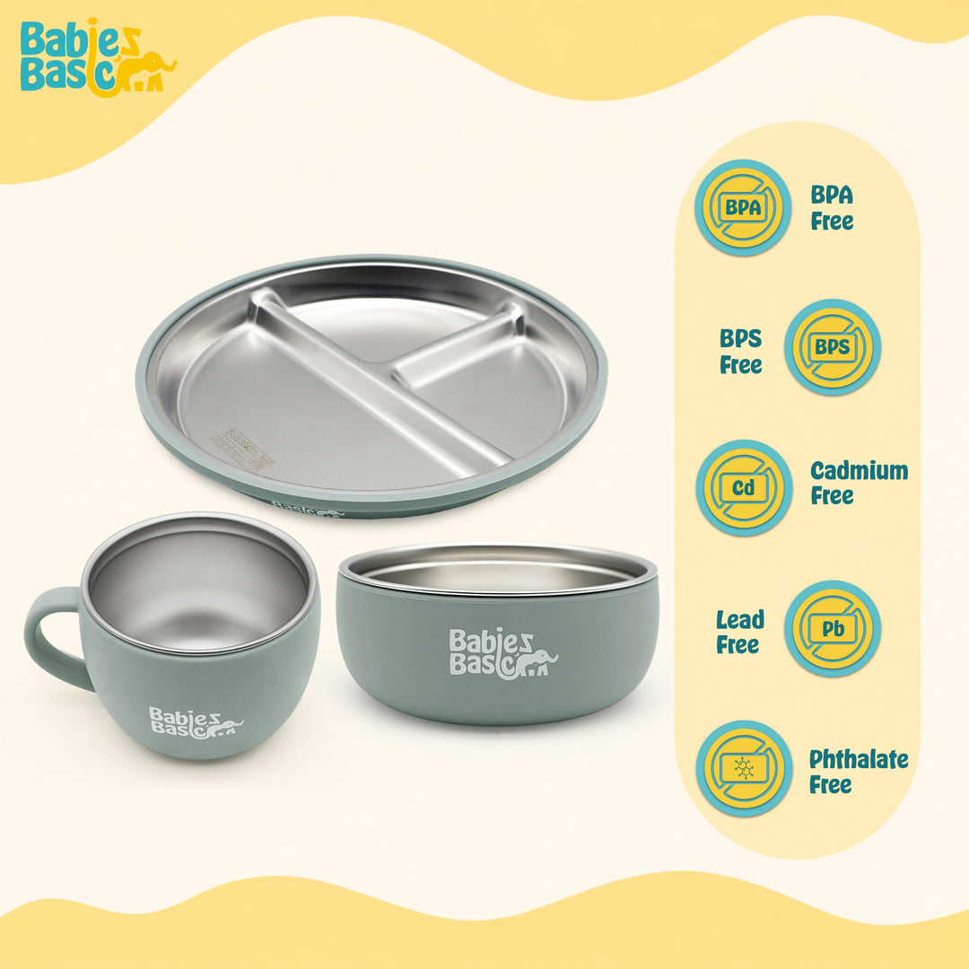 Babies Basic Stainless Steel Plate, Bowl, and Cup with Silicone Sleeve for Kids, Green