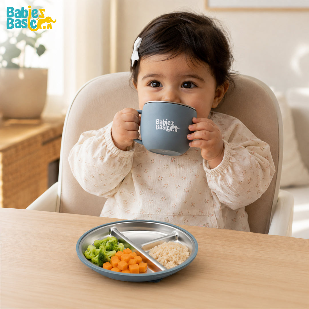 Babies Basic Stainless Steel Plate, Bowl, and Cup with Silicone Sleeve for Kids, Indigo