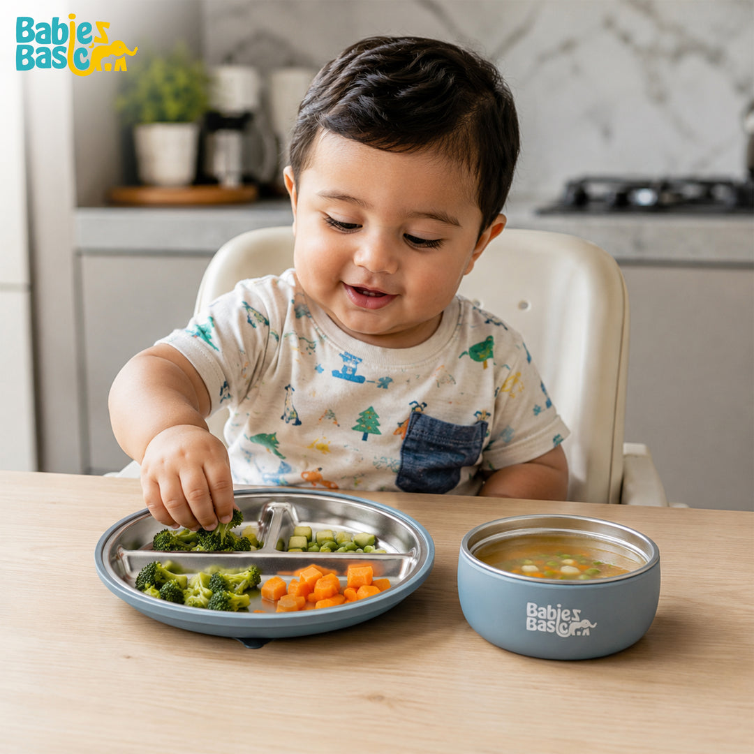 Babies Basic Stainless Steel Plate, Bowl, and Cup with Silicone Sleeve for Kids, Indigo