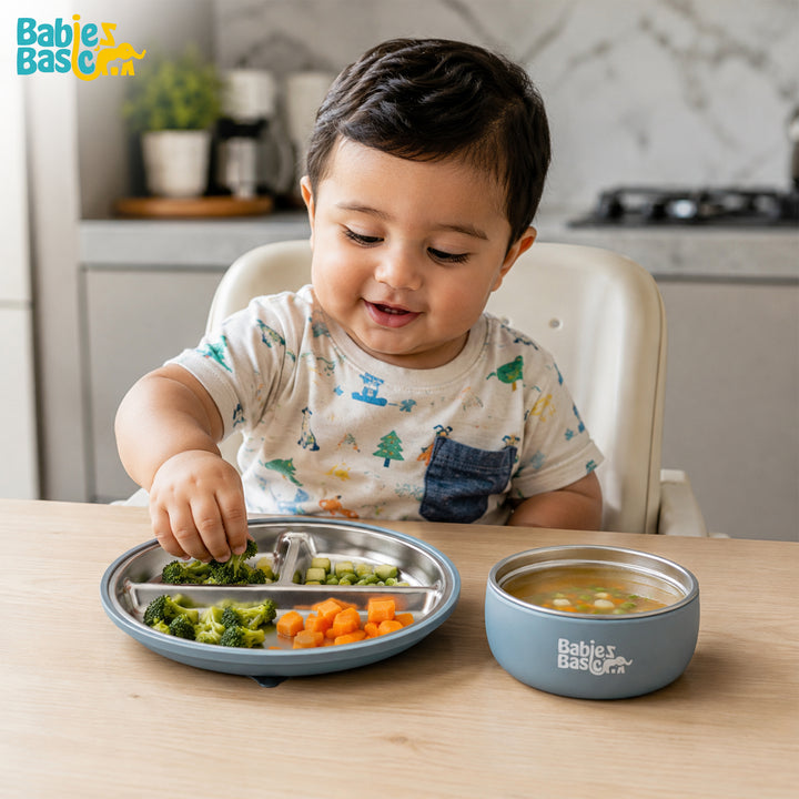 Babies Basic Stainless Steel Plate, Bowl, and Cup with Silicone Sleeve for Kids, Indigo