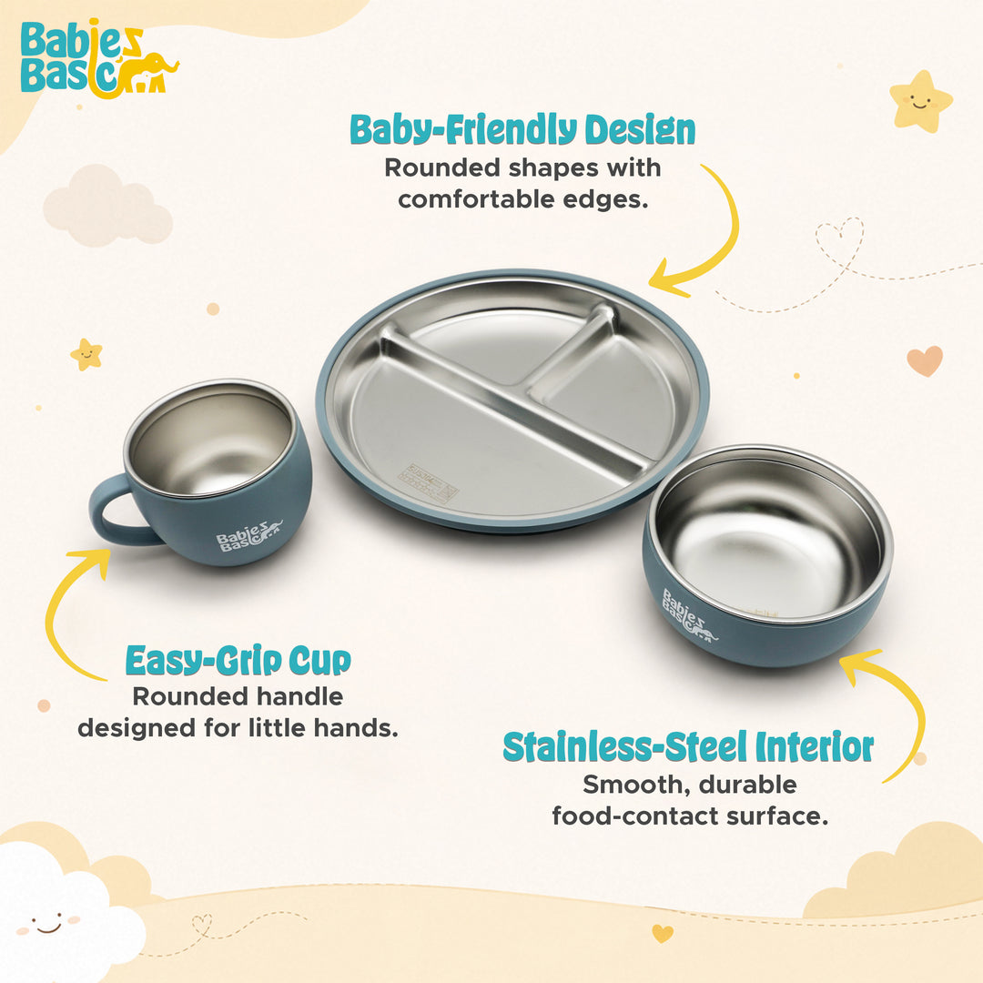 Babies Basic Stainless Steel Plate, Bowl, and Cup with Silicone Sleeve for Kids, Indigo
