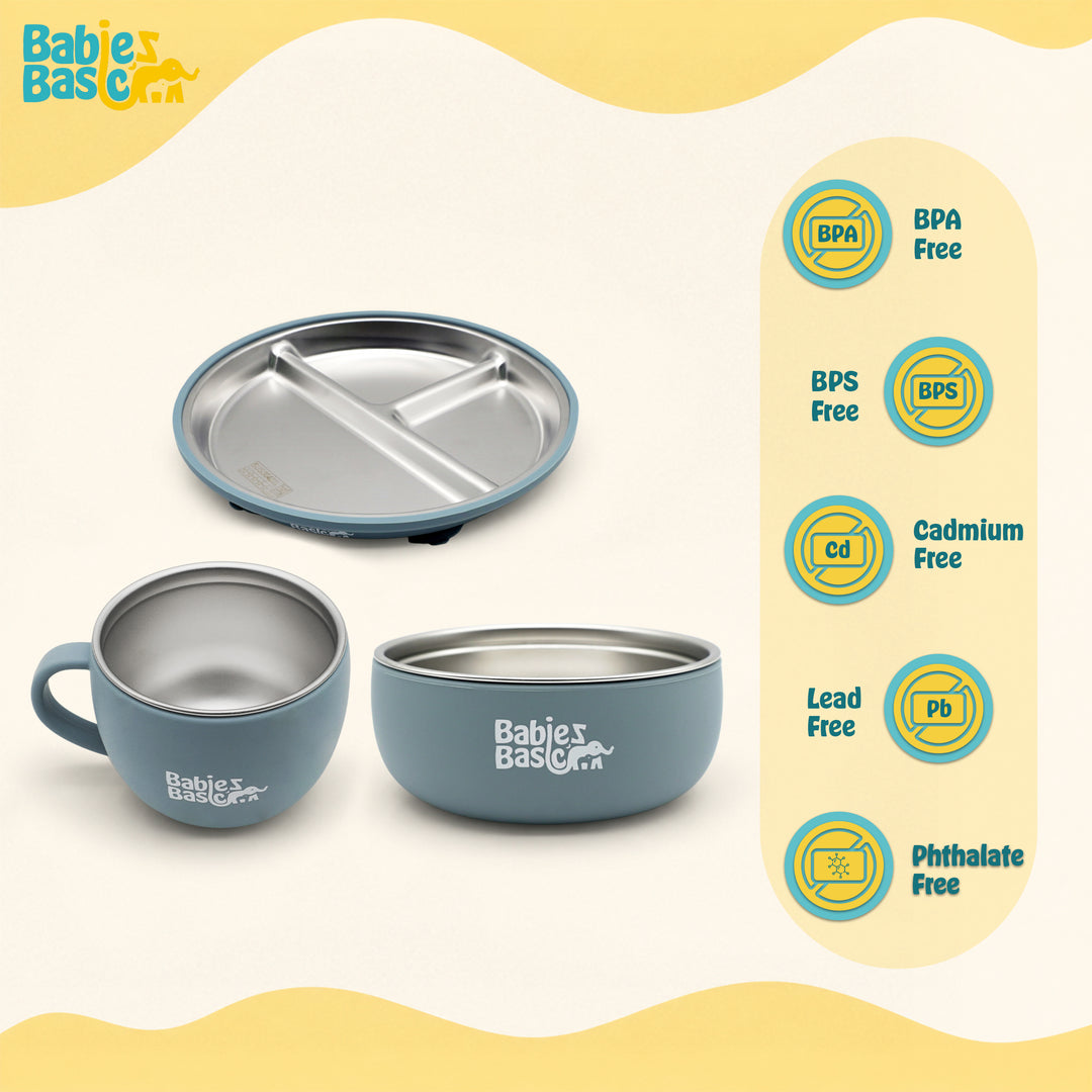 Babies Basic Stainless Steel Plate, Bowl, and Cup with Silicone Sleeve for Kids, Indigo