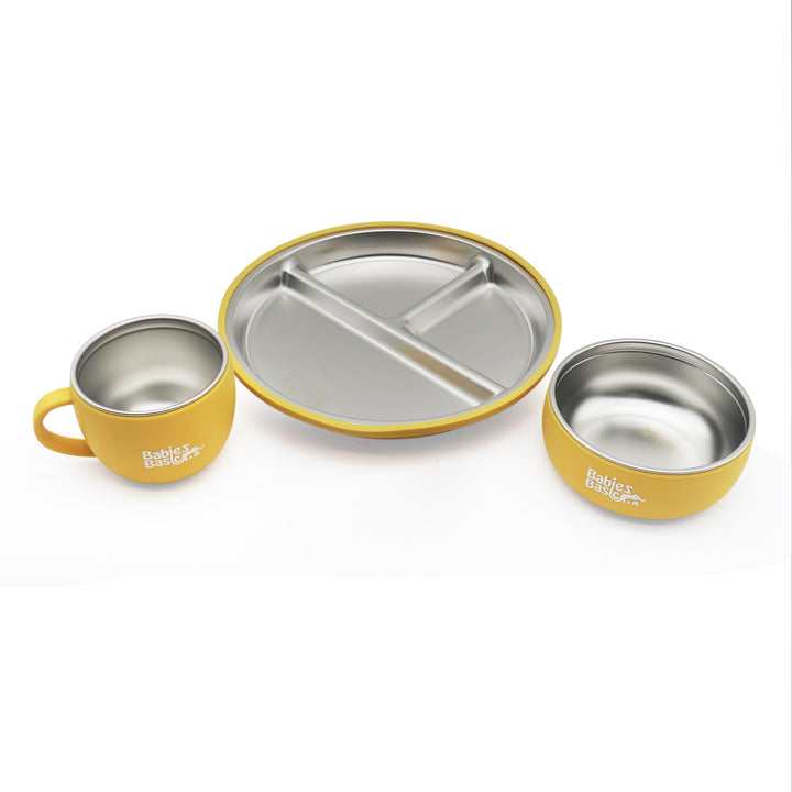 Babies Basic Stainless Steel Plate, Bowl, and Cup with Silicone Sleeve for Kids, Yellow