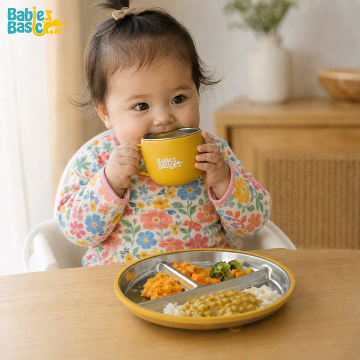 Babies Basic Stainless Steel Plate, Bowl, and Cup with Silicone Sleeve for Kids, Yellow