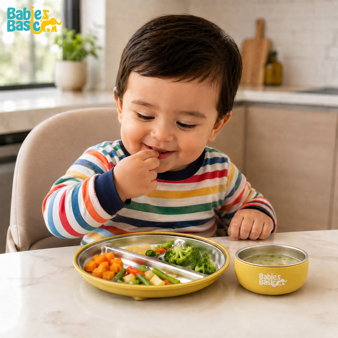 Babies Basic Stainless Steel Plate, Bowl, and Cup with Silicone Sleeve for Kids, Yellow