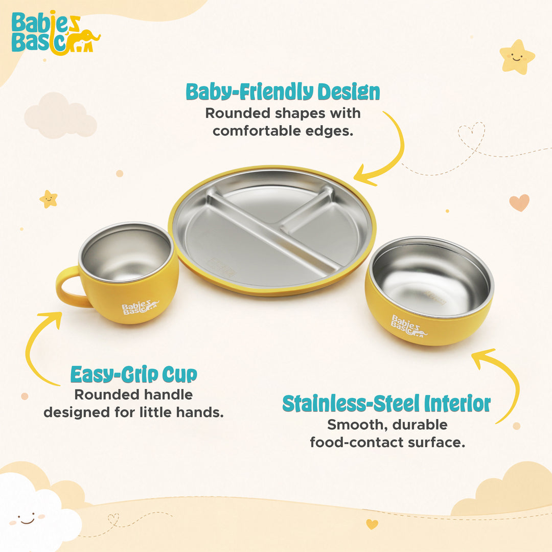 Babies Basic Stainless Steel Plate, Bowl, and Cup with Silicone Sleeve for Kids, Yellow