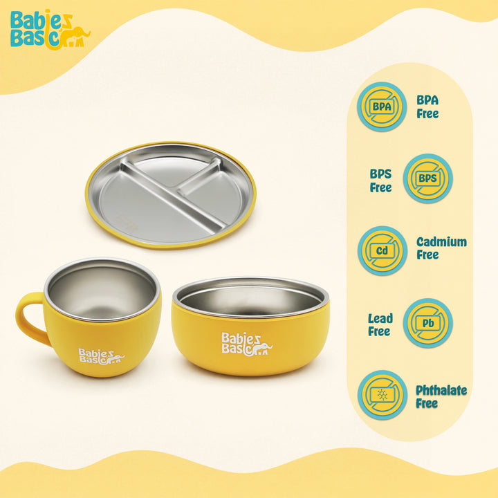 Babies Basic Stainless Steel Plate, Bowl, and Cup with Silicone Sleeve for Kids, Yellow