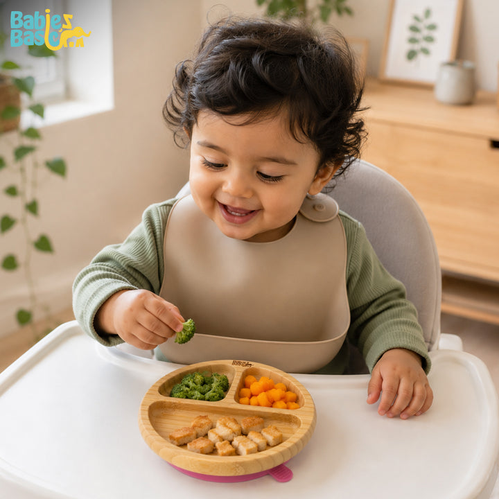 Babies Basic Bamboo Plate with Silicone Suction for Kids, Dusty Pink
