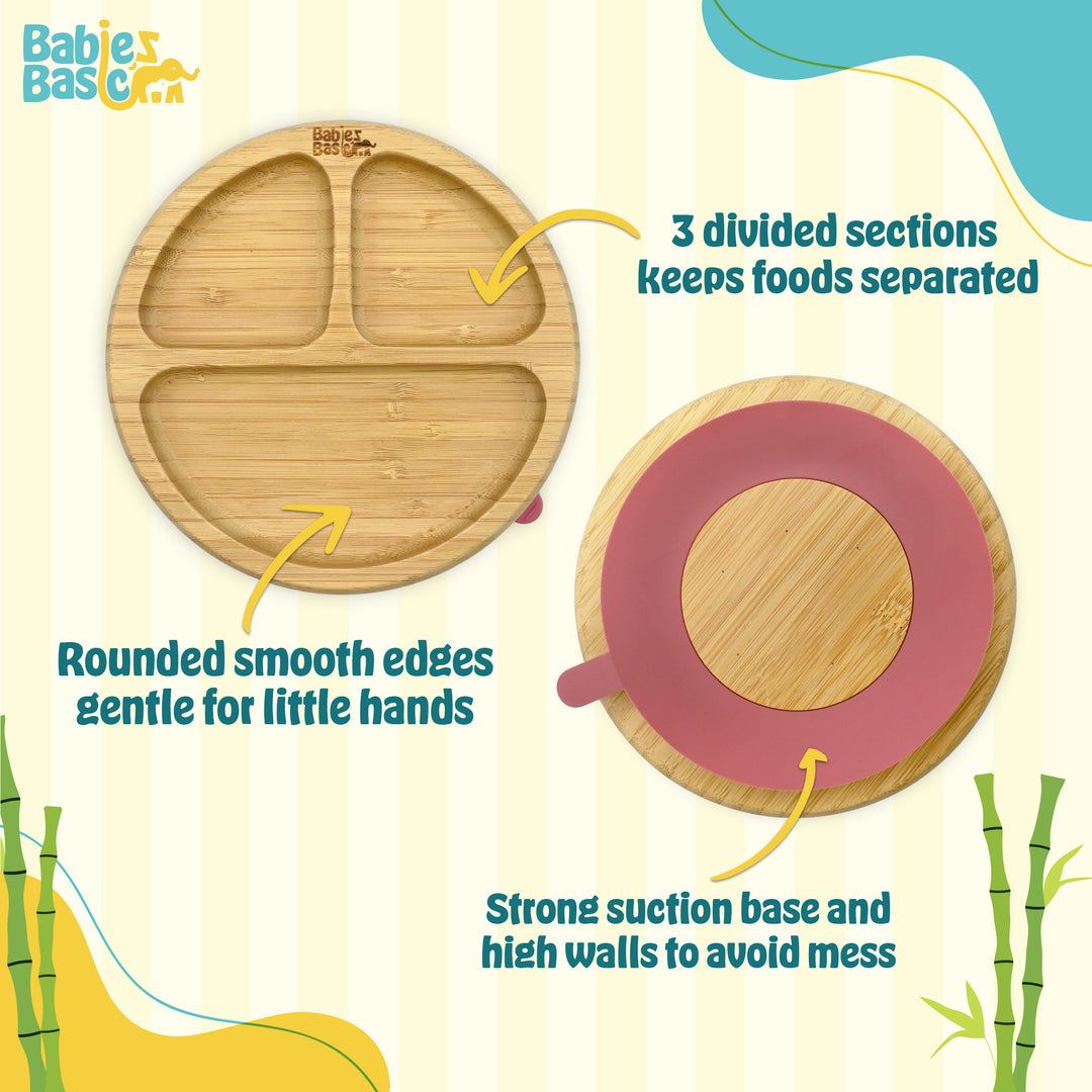 Babies Basic Bamboo Plate with Silicone Suction for Kids, Dusty Pink
