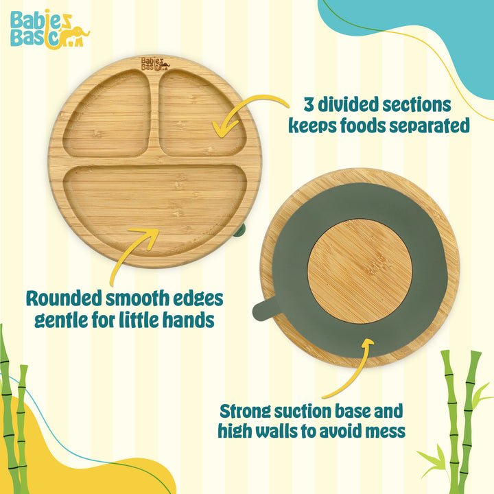 Babies Basic Bamboo Plate with Silicone Suction for Kids, Green