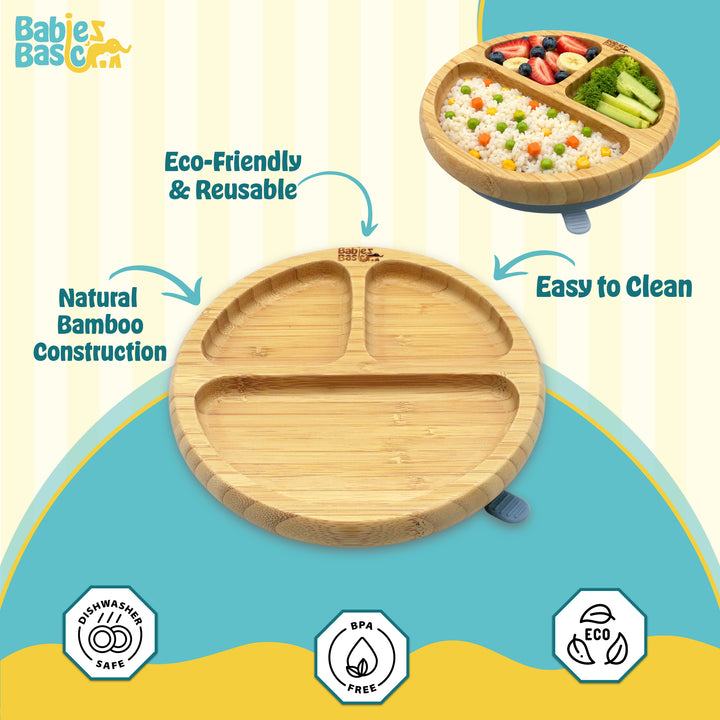 Babies Basic Bamboo Plate with Silicone Suction for Kids, Indigo