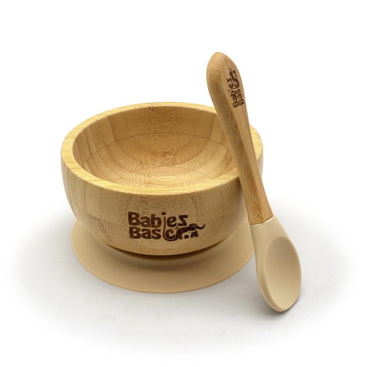 Babies Basic Bamboo Bowl with suction and Silicone Spoon for Kids, Beige