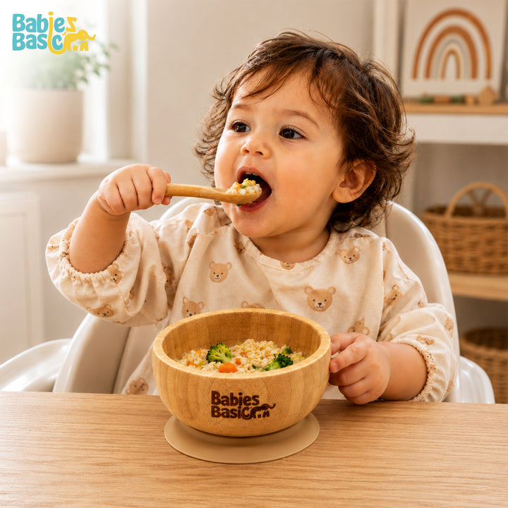 Babies Basic Bamboo Bowl with suction and Silicone Spoon for Kids, Beige