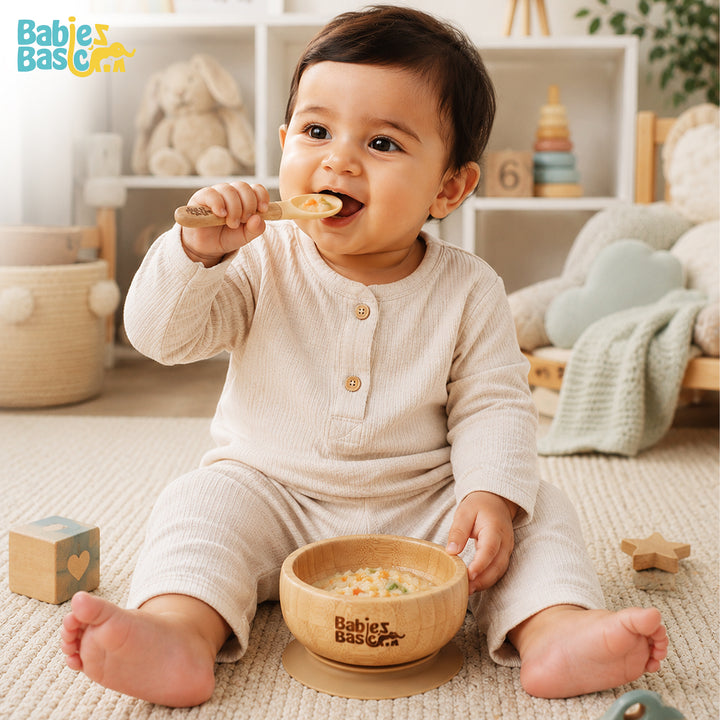 Babies Basic Bamboo Bowl with suction and Silicone Spoon for Kids, Beige