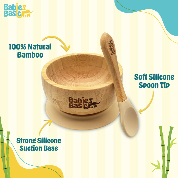 Babies Basic Bamboo Bowl with suction and Silicone Spoon for Kids, Beige