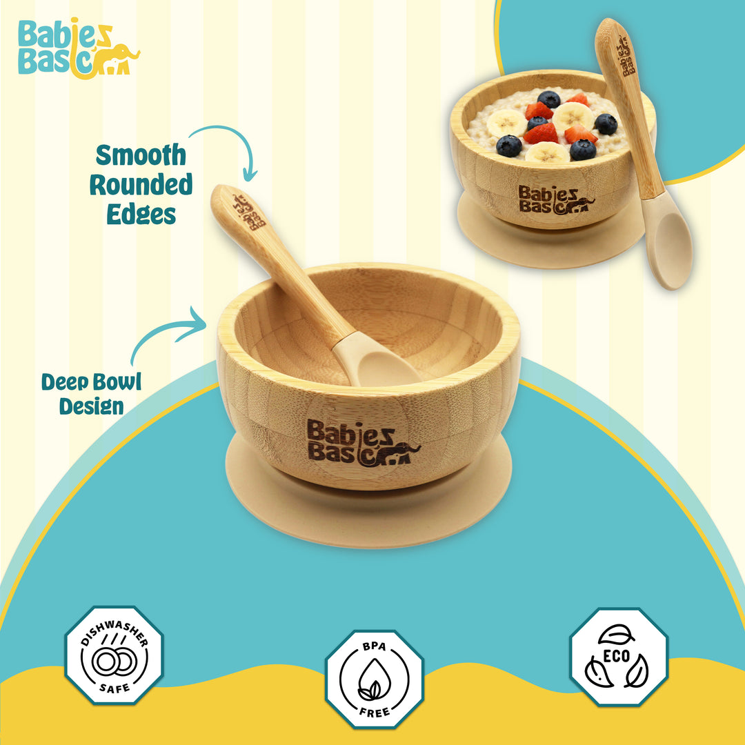 Babies Basic Bamboo Bowl with suction and Silicone Spoon for Kids, Beige