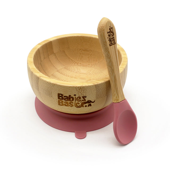 Babies Basic Bamboo Bowl with suction and Silicone Spoon for Kids, Dusty Pink