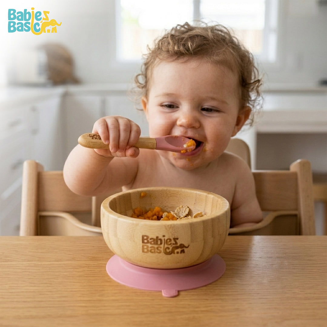 Babies Basic Bamboo Bowl with suction and Silicone Spoon for Kids, Dusty Pink