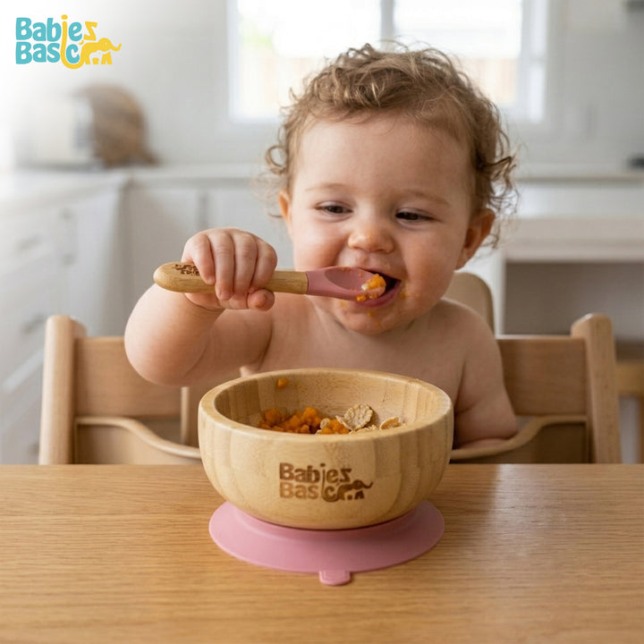 Babies Basic Bamboo Bowl with suction and Silicone Spoon for Kids, Dusty Pink