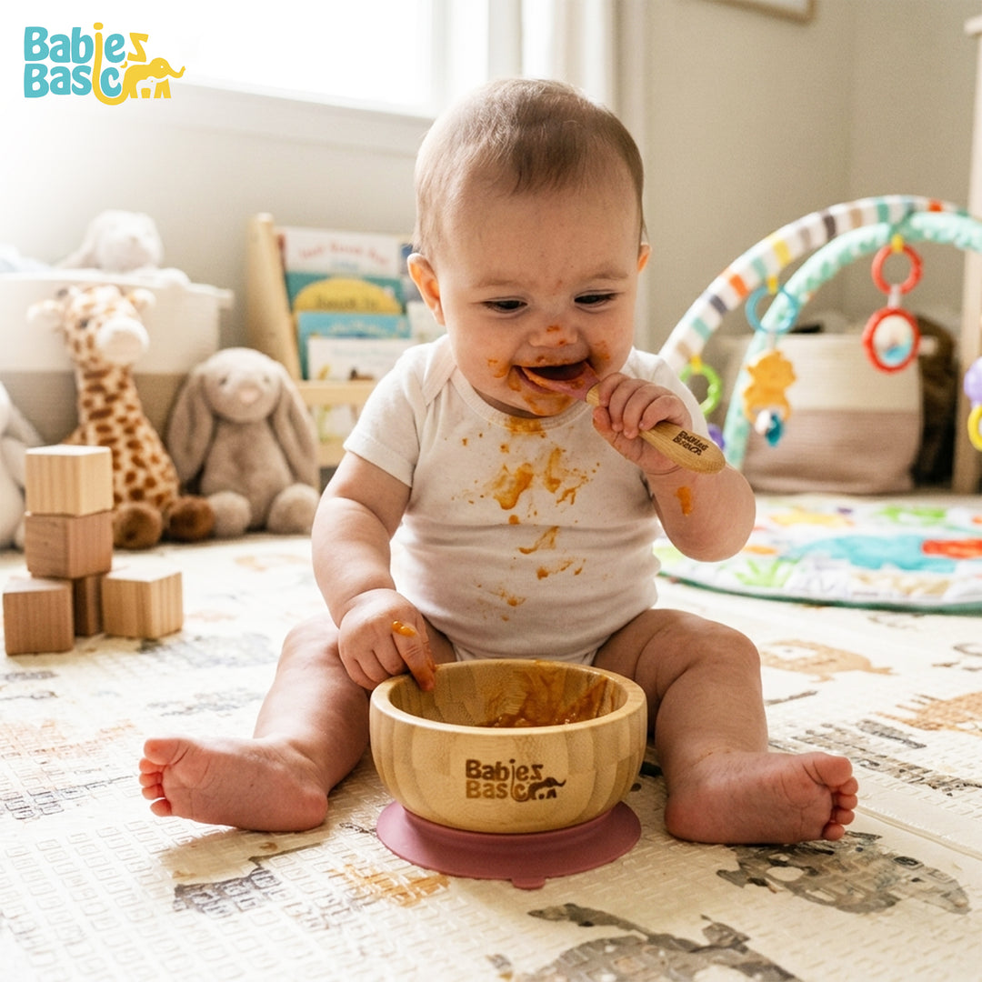 Babies Basic Bamboo Bowl with suction and Silicone Spoon for Kids, Dusty Pink
