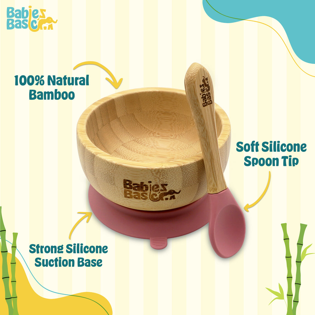 Babies Basic Bamboo Bowl with suction and Silicone Spoon for Kids, Dusty Pink