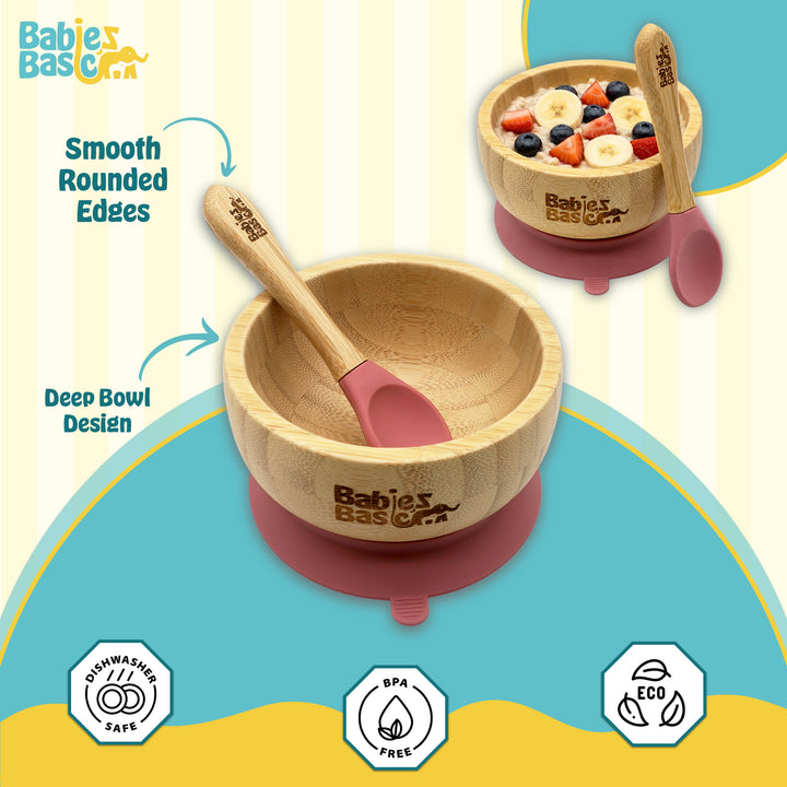 Babies Basic Bamboo Bowl with suction and Silicone Spoon for Kids, Dusty Pink