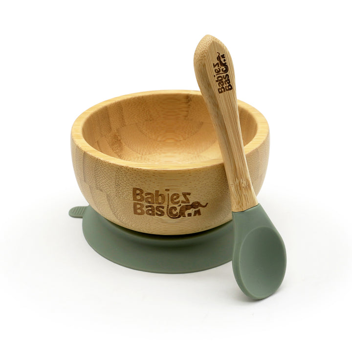 Babies Basic Bamboo Bowl with suction and Silicone Spoon for Kids, Green