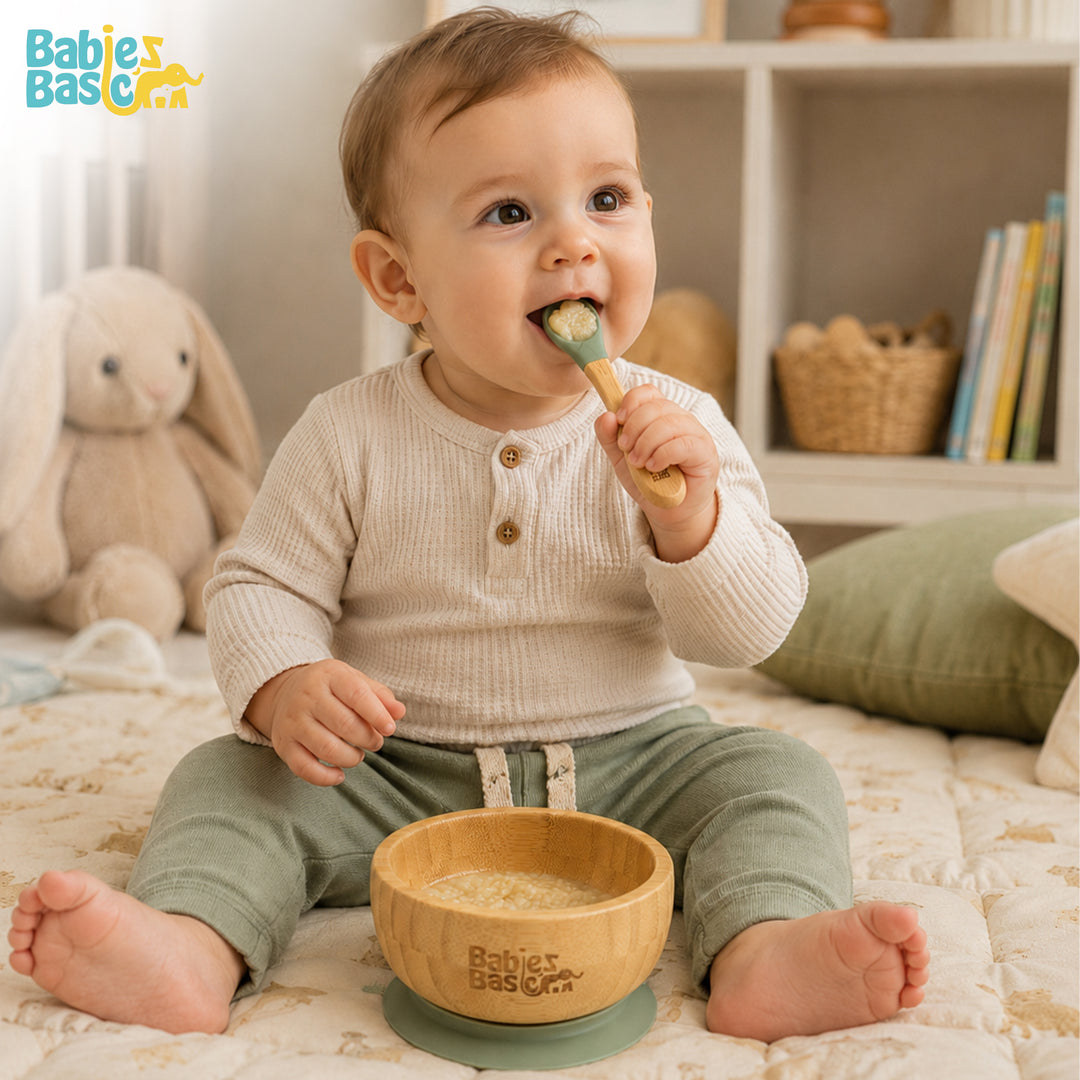 Babies Basic Bamboo Bowl with suction and Silicone Spoon for Kids, Green