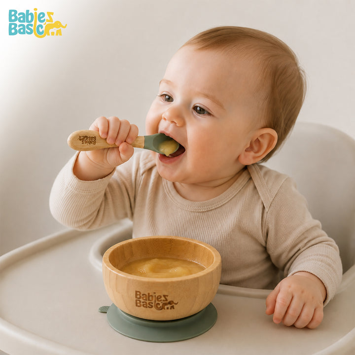 Babies Basic Bamboo Bowl with suction and Silicone Spoon for Kids, Green