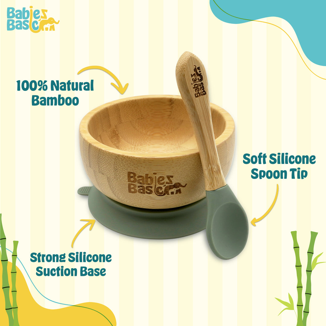 Babies Basic Bamboo Bowl with suction and Silicone Spoon for Kids, Green