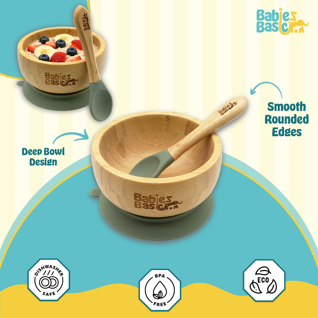 Babies Basic Bamboo Bowl with suction and Silicone Spoon for Kids, Green
