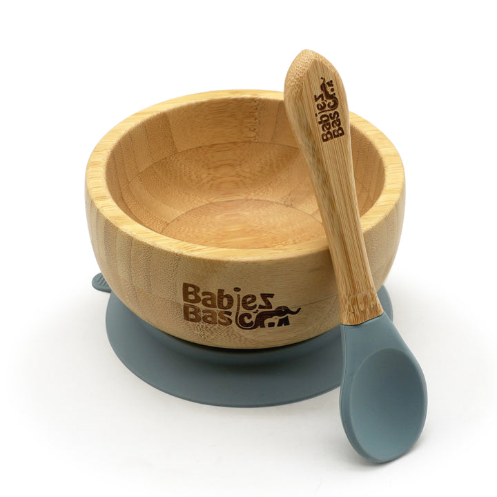 Babies Basic Bamboo Bowl with suction and Silicone Spoon for Kids, Indigo