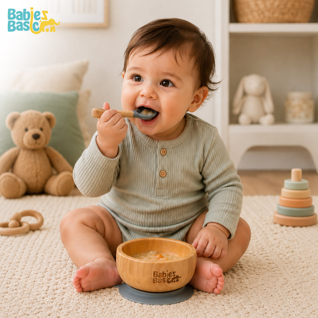 Babies Basic Bamboo Bowl with suction and Silicone Spoon for Kids, Indigo