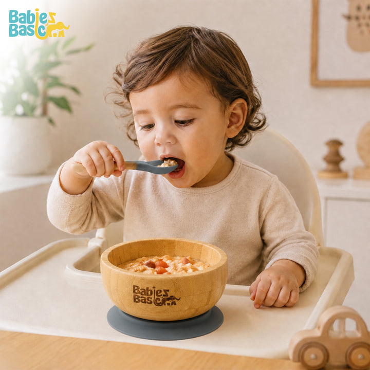 Babies Basic Bamboo Bowl with suction and Silicone Spoon for Kids, Indigo