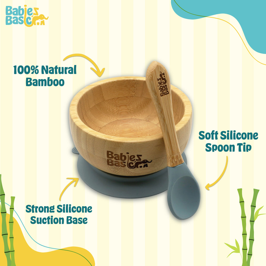 Babies Basic Bamboo Bowl with suction and Silicone Spoon for Kids, Indigo
