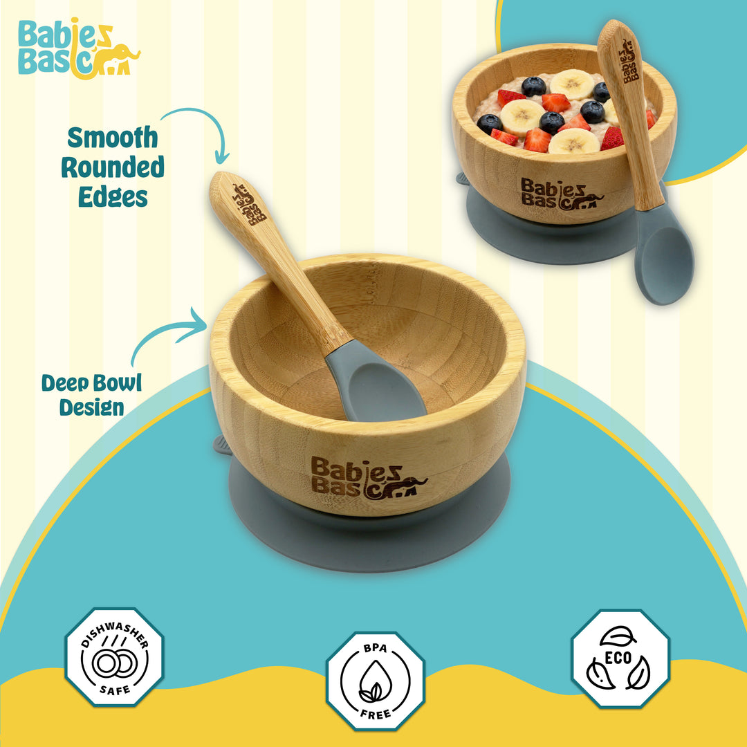 Babies Basic Bamboo Bowl with suction and Silicone Spoon for Kids, Indigo