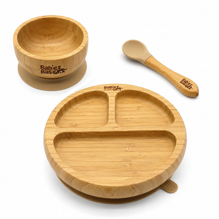Babies Basic Bamboo plate, Bowl with suction and Silicone Spoon for Kids, Beige
